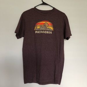 Patagonia tee, burgundy and orange